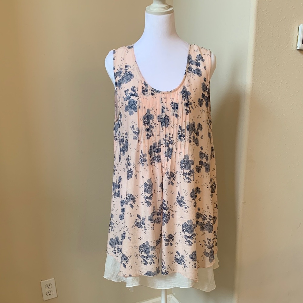 Papillon Blanc Pink Floral Sleeveless Tunic with Navy Print